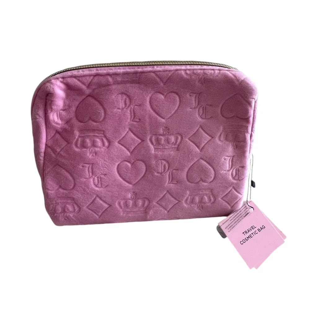 Juicy Couture Pink Velour‎ Embossed Heart Crown Travel Cosmetic Makeup Bag NWT